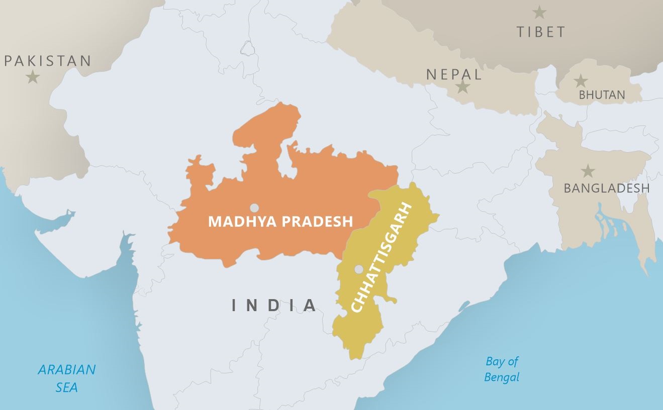 Map highlighting Madhya Pradesh and Chhattisgarh